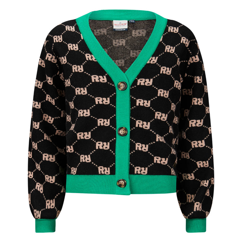 Retour Jeans gebreid vest Fayenne met all over print zwart/groen/zand