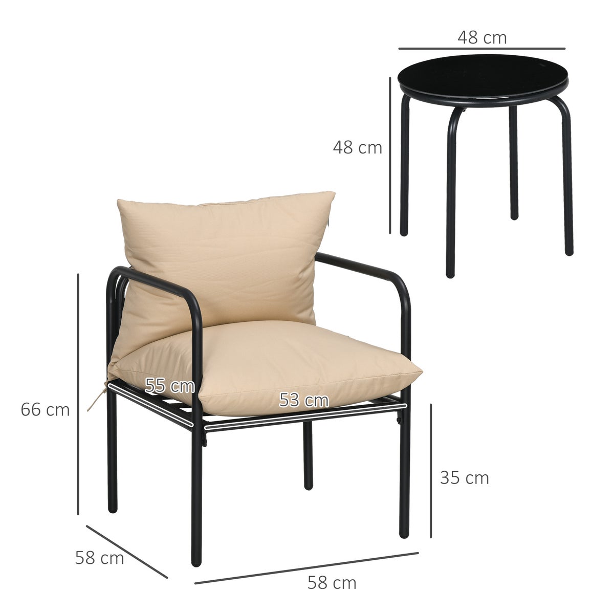 Outsunny 3-delige tuinmeubelset, bistroset met 2 stoelen, 1 salontafel, voor balkon, terras, 58L x 58B x 66H cm, staal, beige