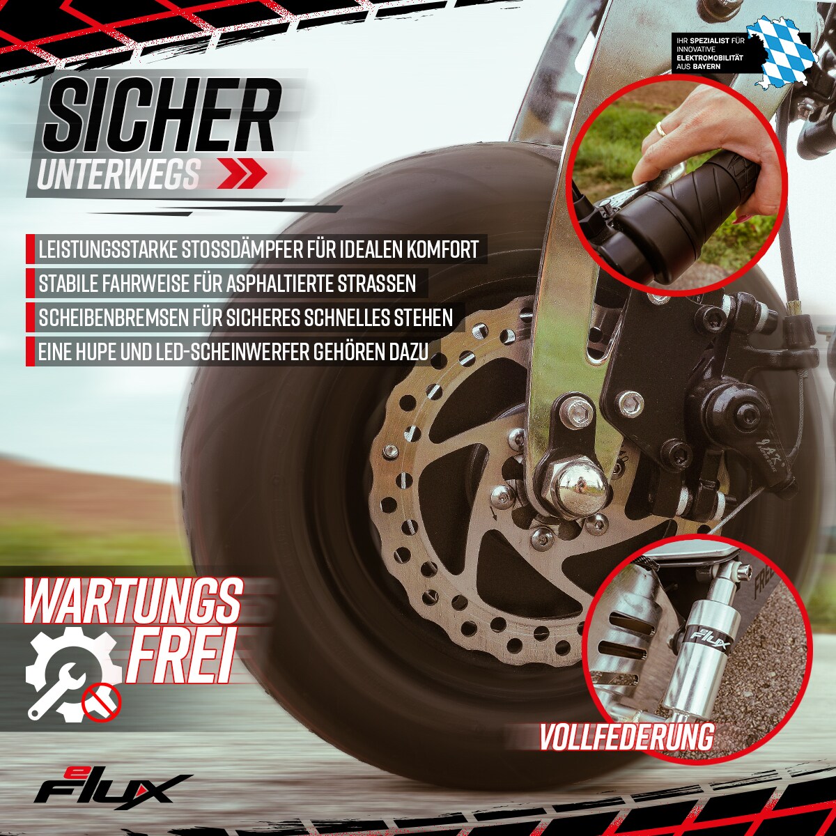 eFlux Freeride X2, E-Scooter mit Straßenzulassung, Hub-Version, Sitz, 2500 Watt, 45 km/h, Easy-Fold (Schwarz)