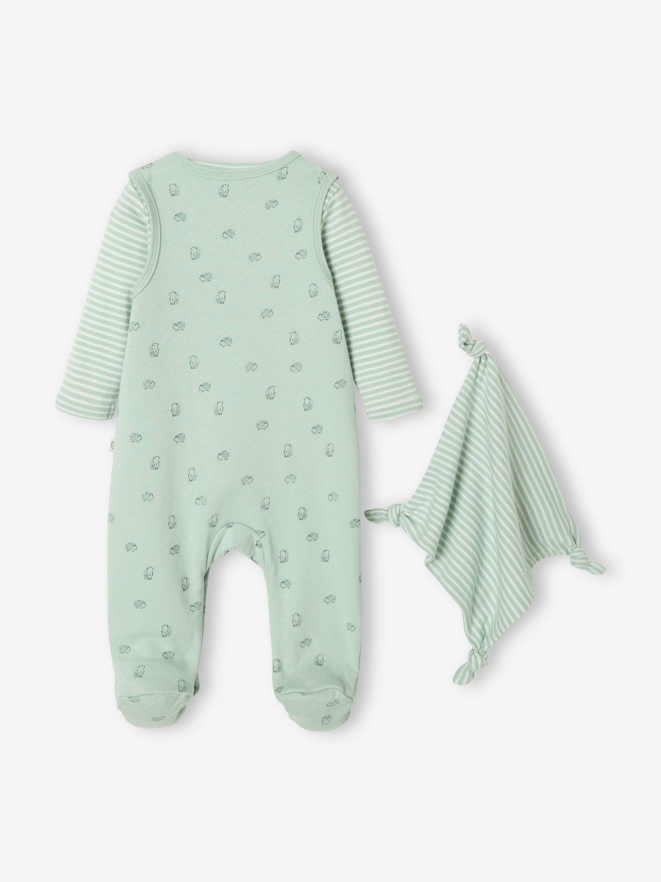 Conjunto para recém-nascido + body + doudou em algodão orgânico branco claro liso com estampas.