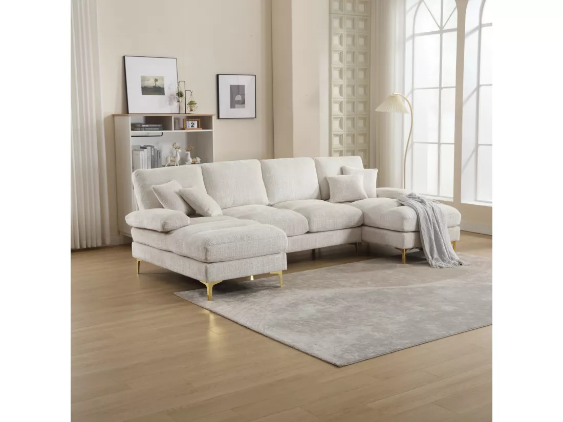 Canapé d'angle 4 places, 272x136x88cm,Grand canapé en forme de U, moderne, en tissu chenille, beige