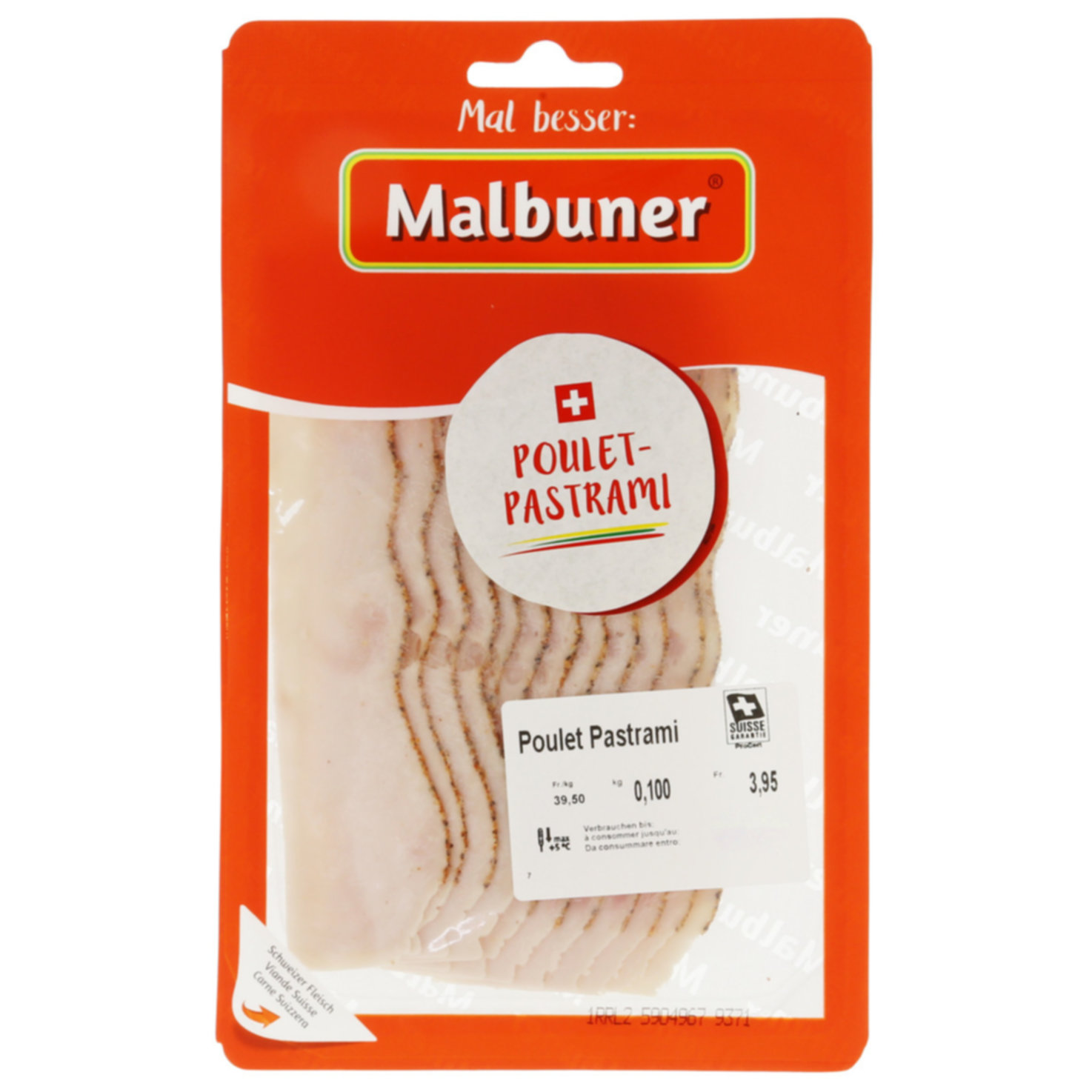 Malbuner Poulet Pastrami geschnitten