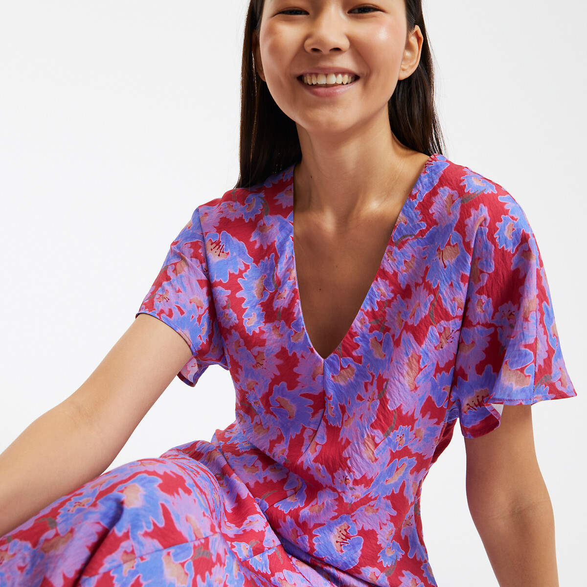 COLEÇÃO LA REDOUTE<br>Vestido maxi floral, decote em V, mangas curtas