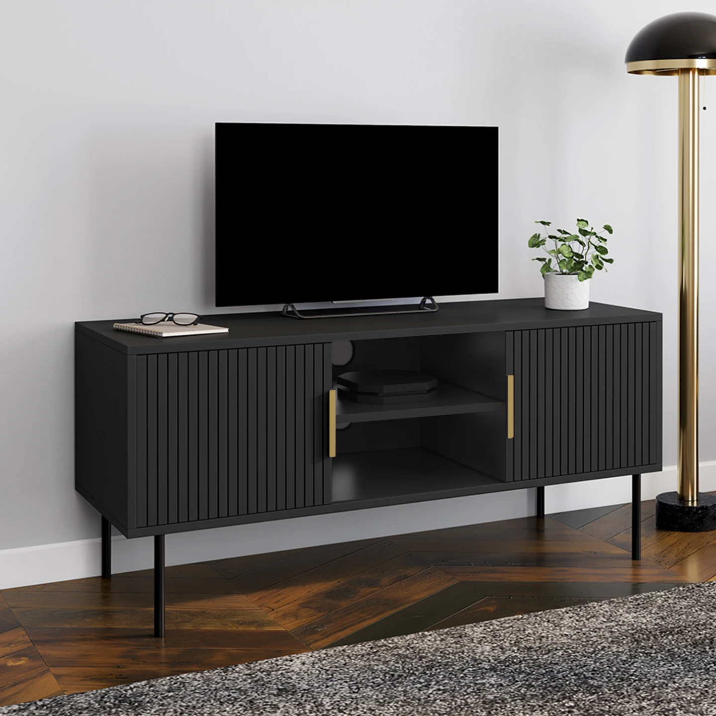 Meuble TV 110 cm MARCEL 2 portes lattes tasseau bois noir