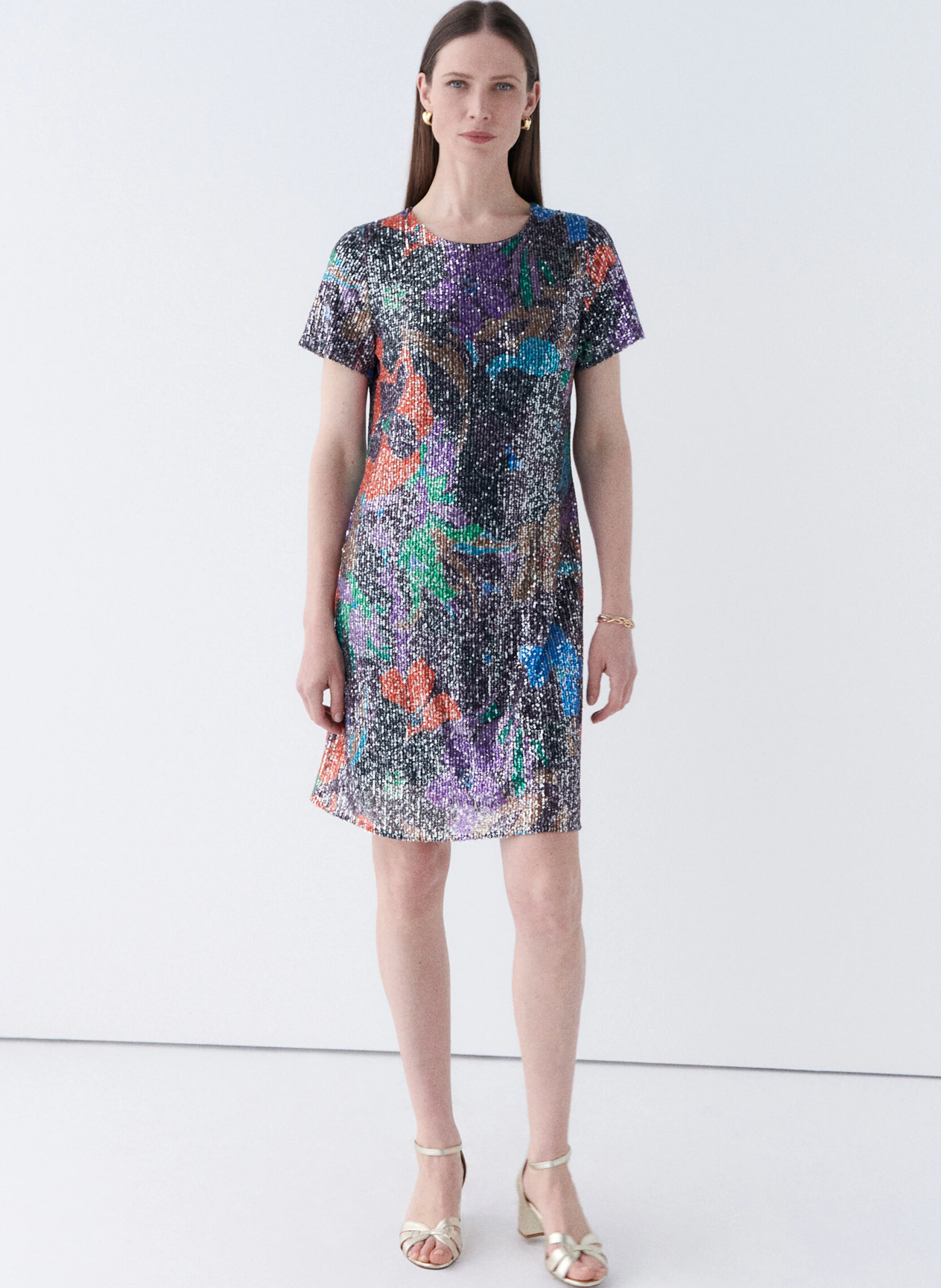 RAMILA - Robe courte col rond à paillettes| Orange