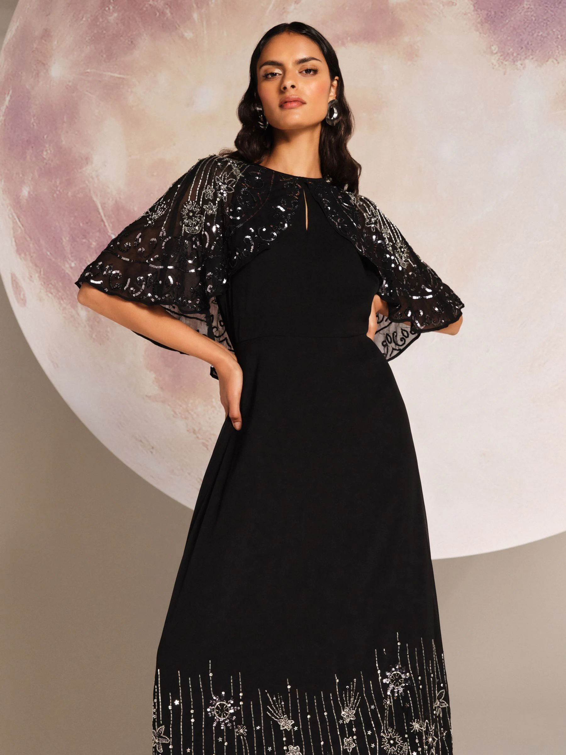 Love & Roses Embellished Cape Midaxi Dress