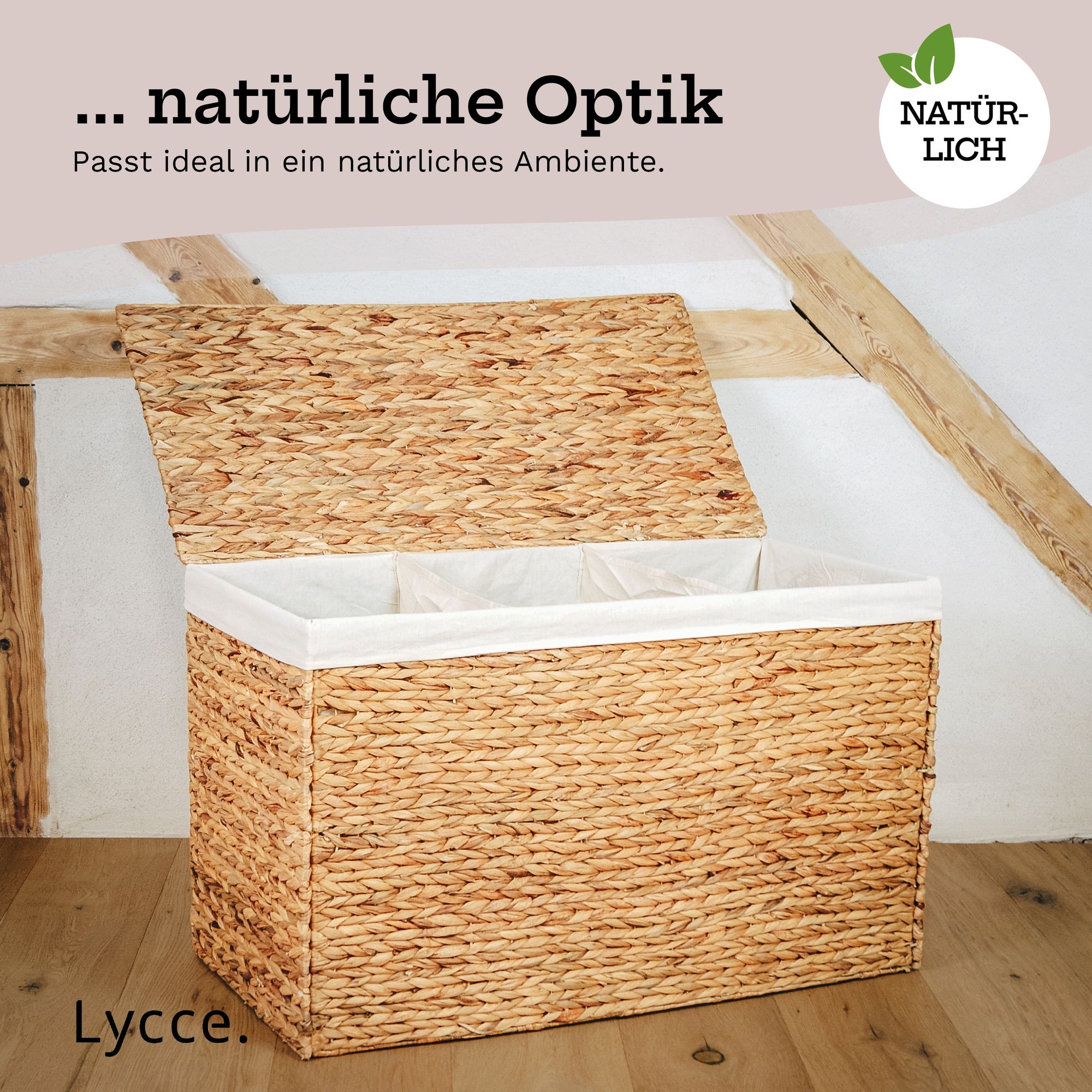 Lycce Wäschesortierer aus Wasserhyazinthe 150L, 3 Fächer, Stoffeinsatz