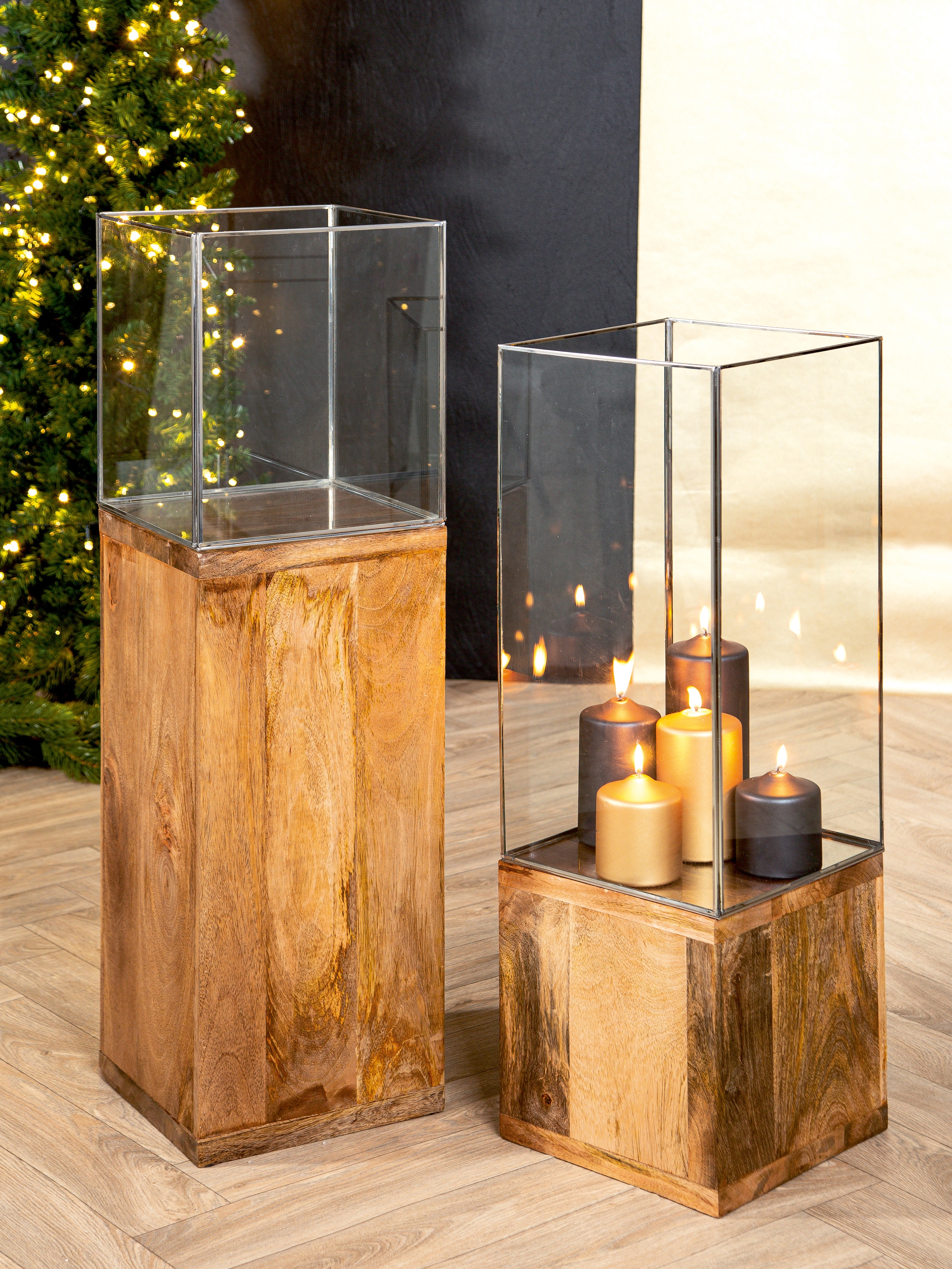 GILDE Bodenwindlicht »Windlicht, Kerzenhalter Säule, 91.26x26cm, Geschenkidee« mit geöltem Mangoholz, Höhe ca. 91 cm