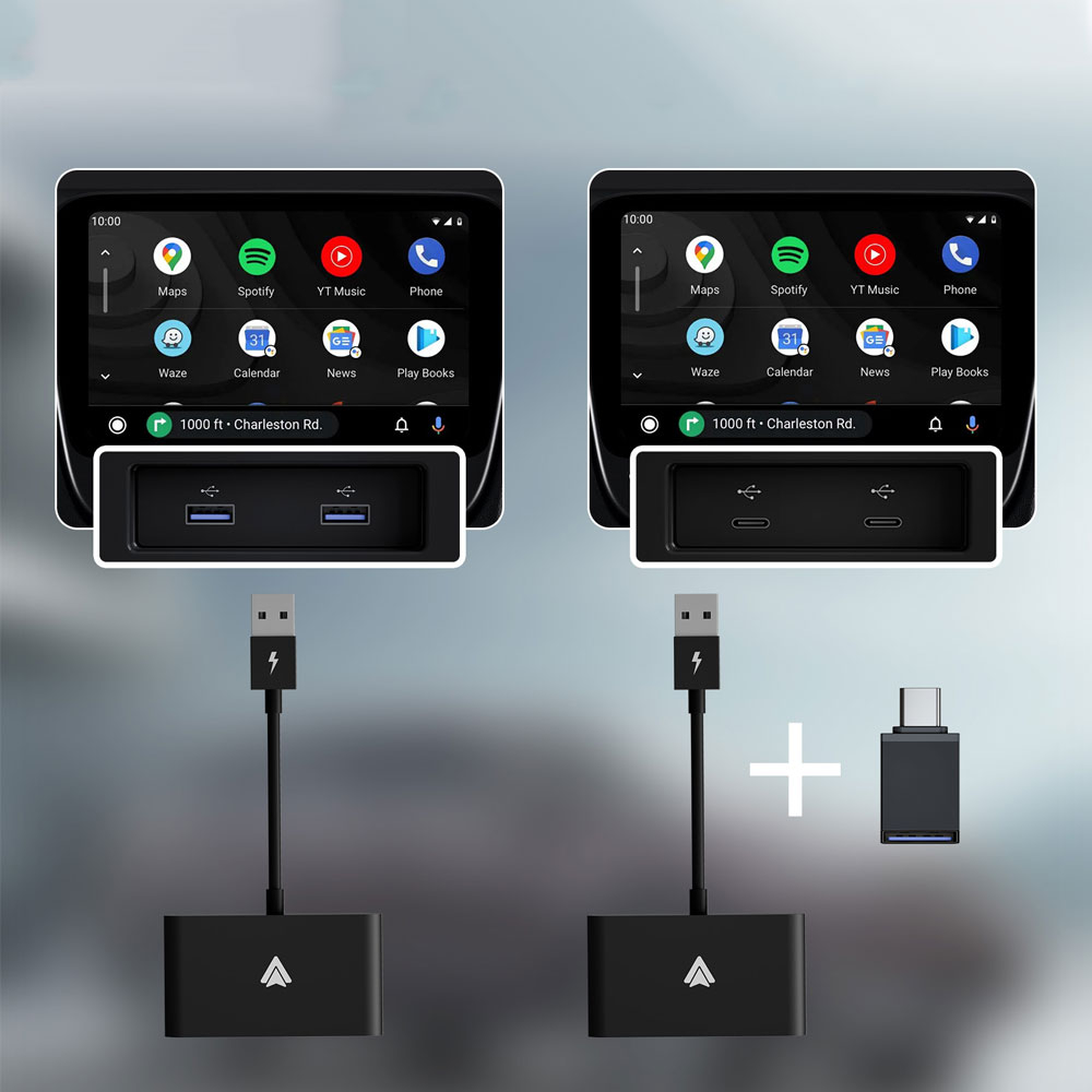 Bluetooth Android Auto KFZ Carplay USB A Adapter mit USB C Aufsatz für Android Smartphones (Google Assistant) - Schwarz