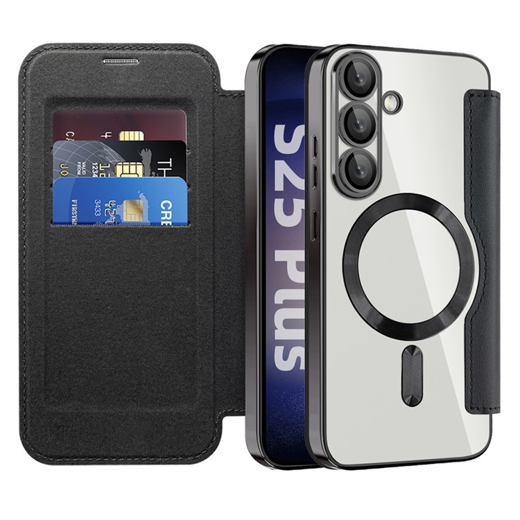 Samsung Galaxy S25 Hybrid Leder Tasche   Kunststoff Rückseite MagSafe-Modul mit Steppmuster (RFID Schutz) - Schwarz / Transparent