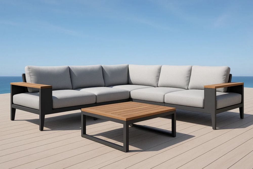 Gartenmöbel-Set L-förmig Aluminium Holz Grau mit Tisch 300x300x85 cm