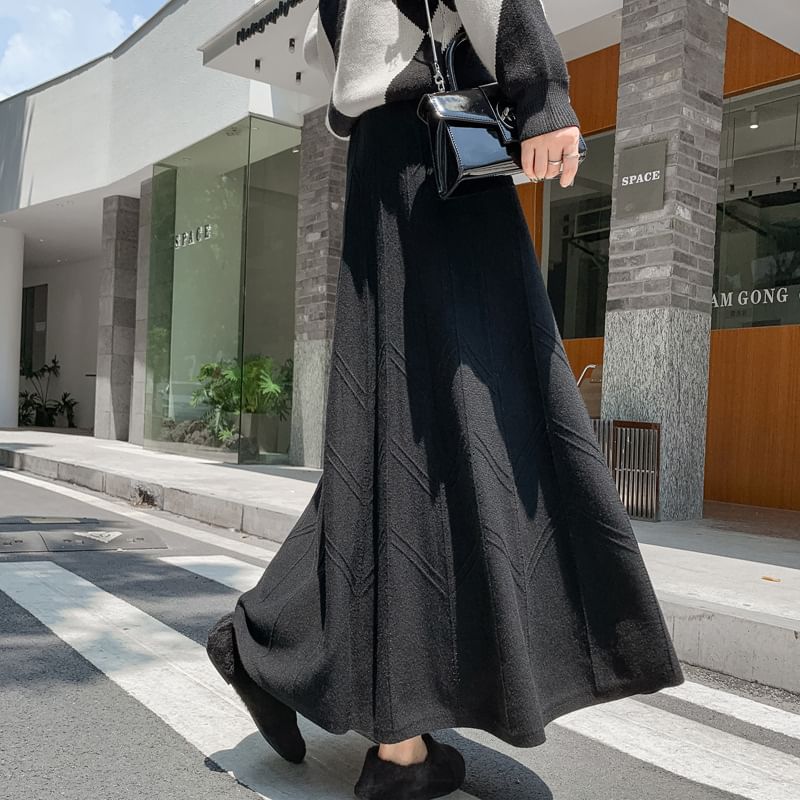 Luminato - Hoge taille effen gebreide maxi A-lijn rok
