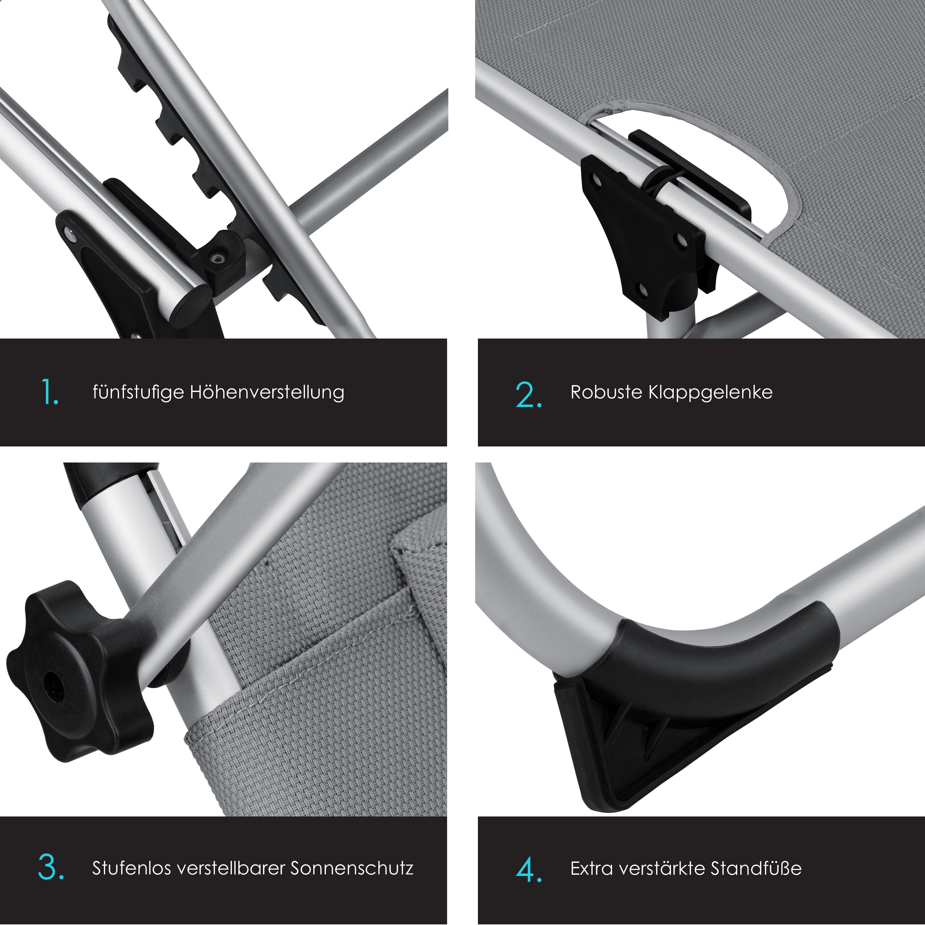 KESSER® Sonnenliege SUN mit Dach Gartenliege Liegestuhl klappbar Sonnendach Verstellbarer Rückenlehne , ergonomisch, gepolsterter Liegefläche, Aluminium Liege Gartenstuhl tragbar Strandliege