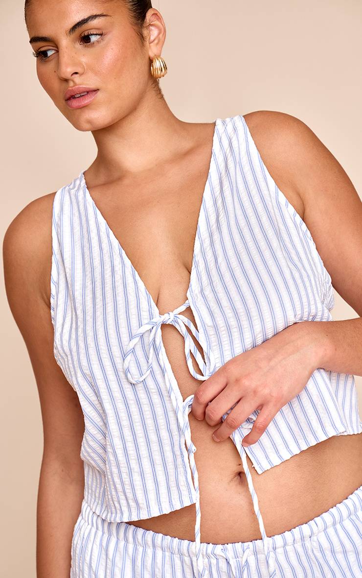 Bleu Haut Grande Taille Sans Manches Rayé Avec Nœud Devant
