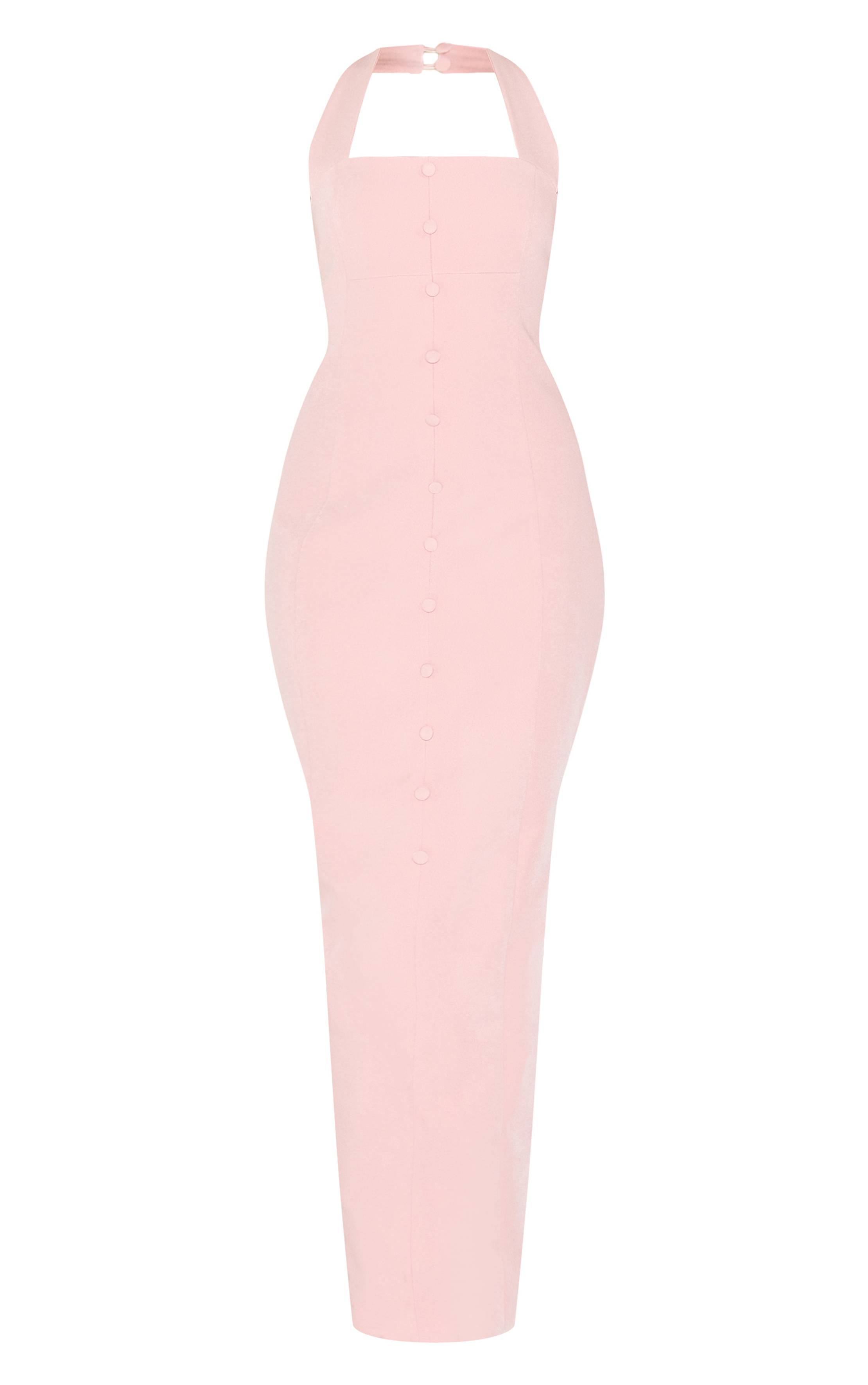 Rose Poudré Robe Longue Tissée À Col Licou Avec Boutons