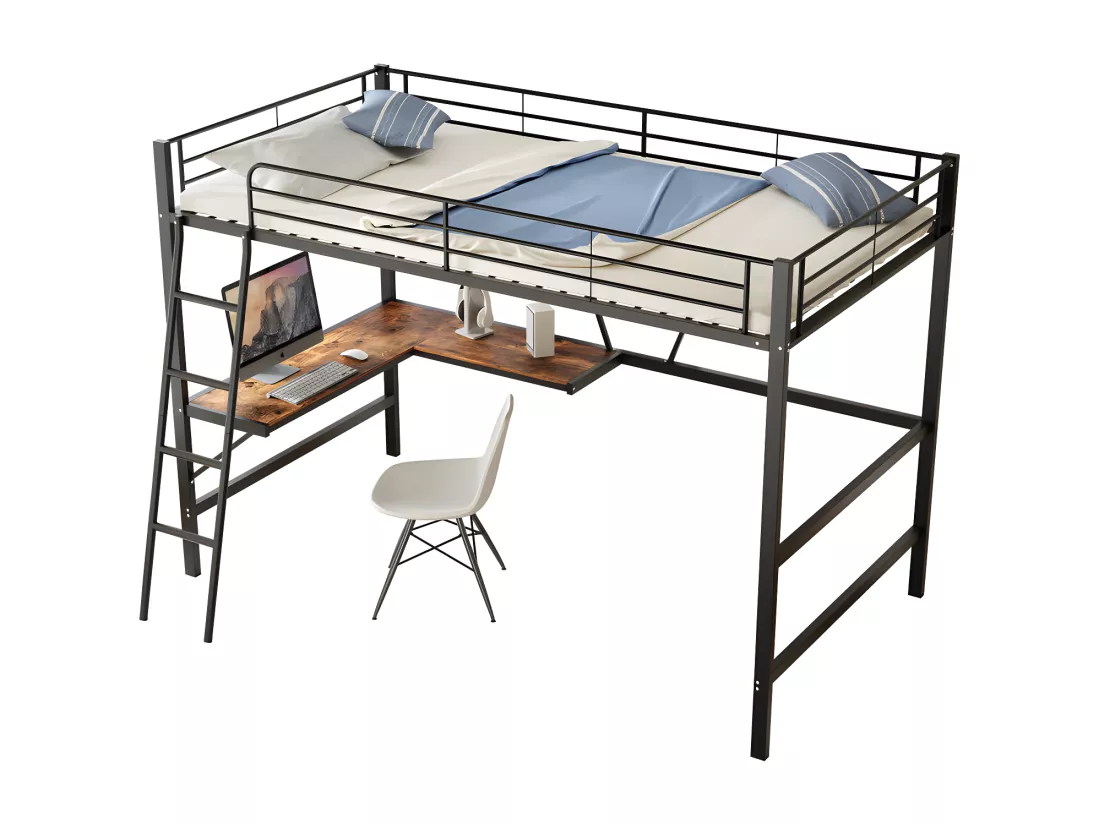 Lit mezzanine en fer - 90x200cm - avec bureau d'angle et une étagère - Noir