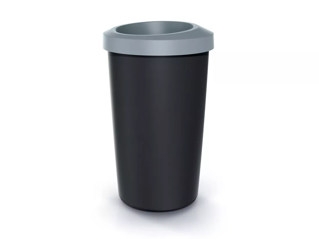 Recyclage Cube 45L Keden en plastique avec un couvercle ouvert gris. 39x39x65