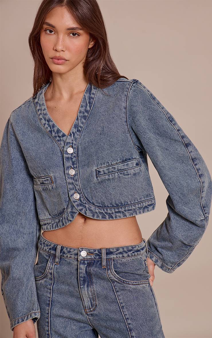 Vintage Veste En Jean Courte À Col En V Et Ourlet Arrondi