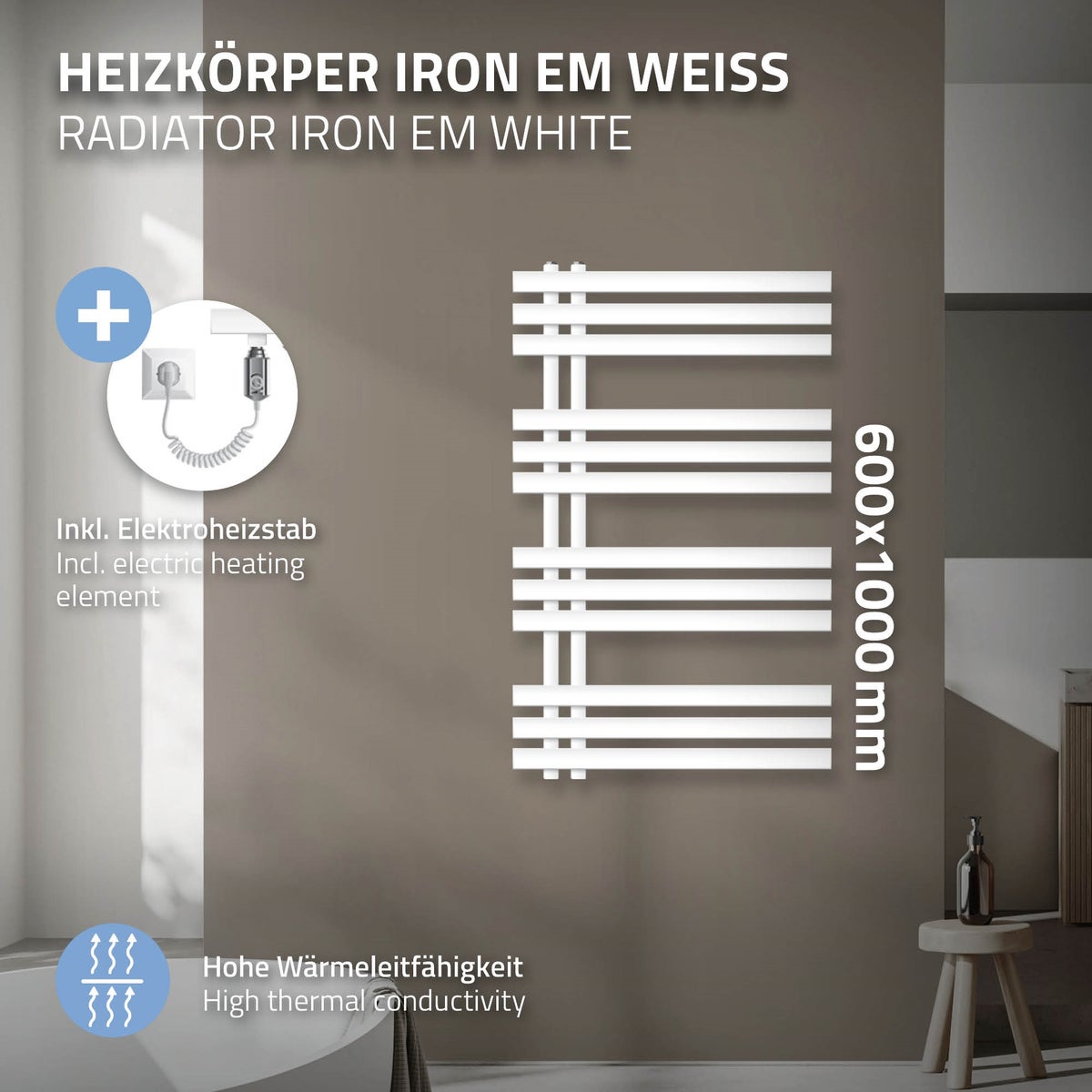 ECD Germany Iron EM Design Elektrische Badkamerradiator 600 x 1000 mm Wit met 600W Verwarmingselement - Hoog Vermogen - Elektrische Designradiator Paneelradiator Handdoekwarmer Handdoekdroger