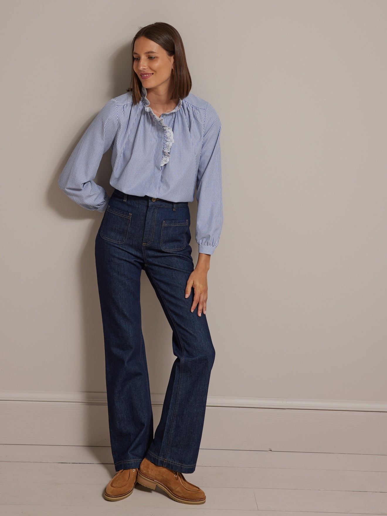 Chemise rayée col froufrou brodé femme