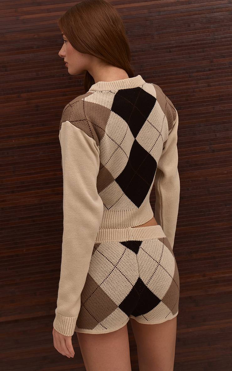 Beige Short Mini En Maille À Motif Argyle
