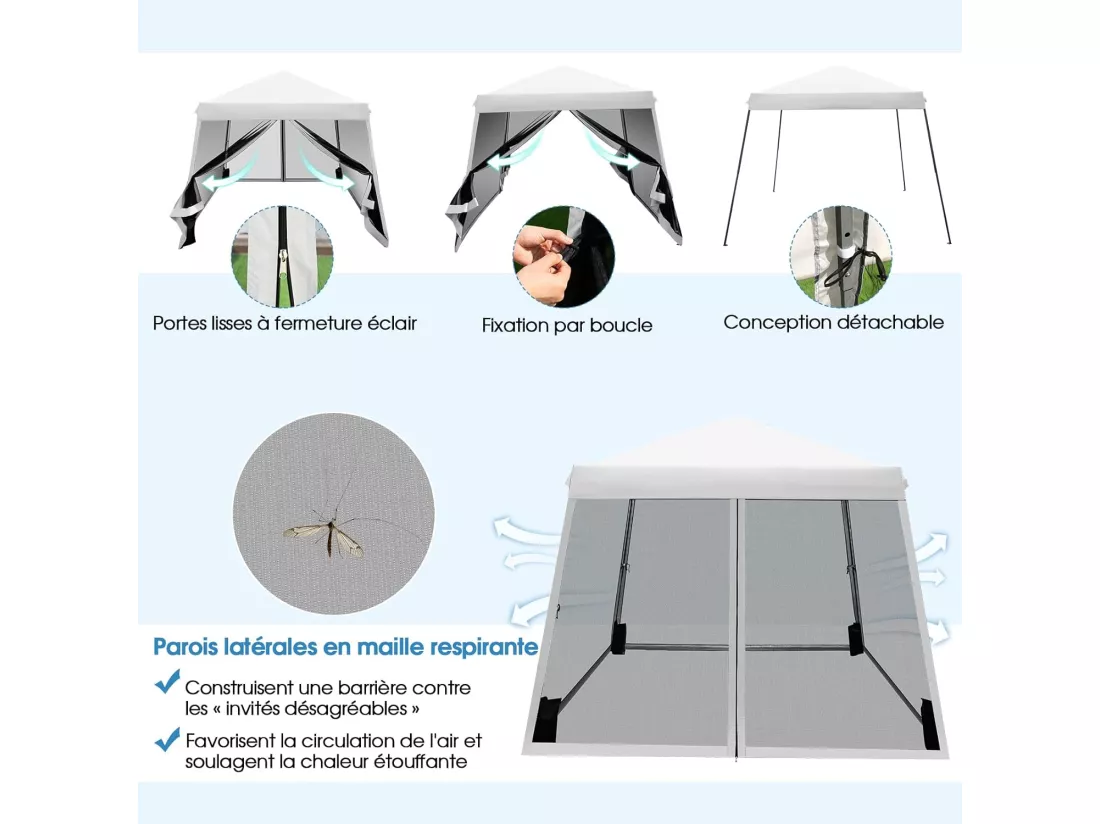 Tonnelle Pliante 3 M x 3 M Imperméable Protection UV/Tente Réglable en Hauteur avec Parois en Maille Sac de Transport pour Patio, CamBoisg (Blanc)