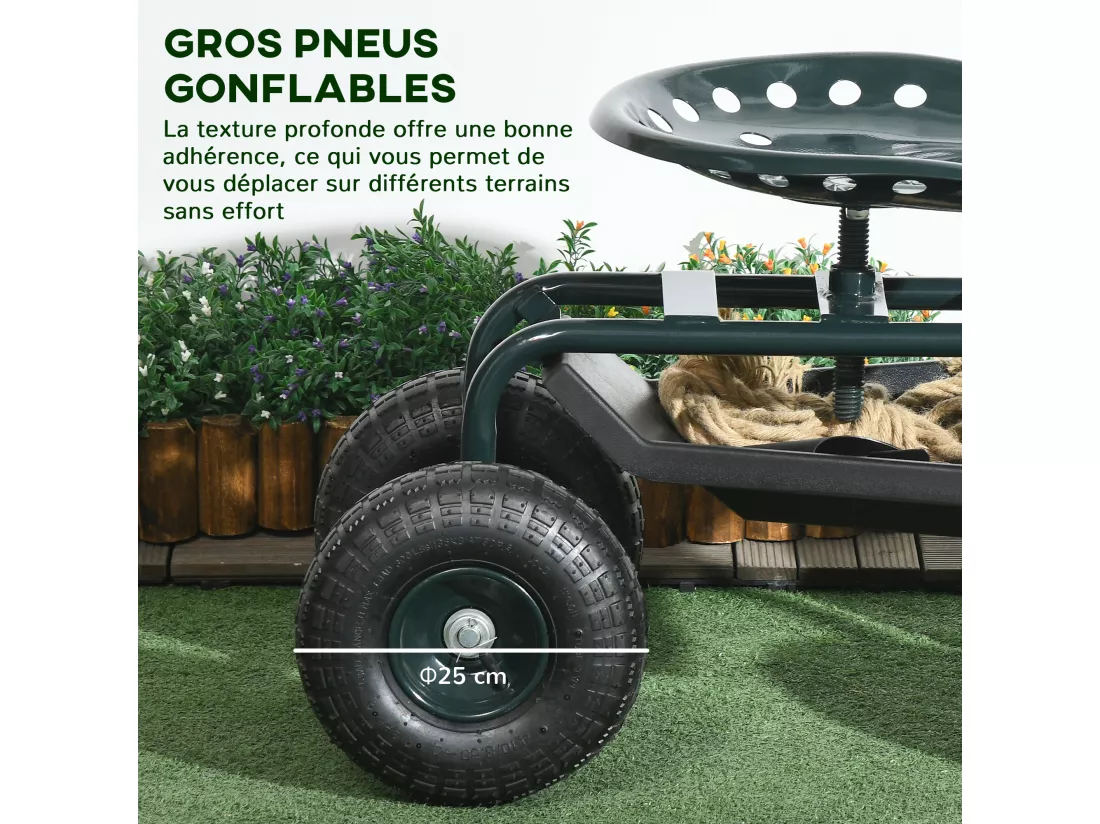 2 en 1 tabouret pivotant réglable chariot mobile de jardin charge max. 150 Kg rangement acier vert