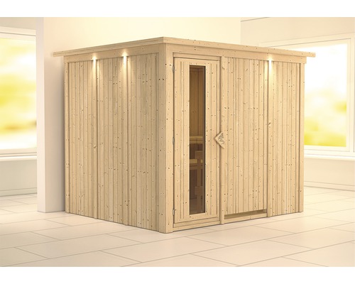 Karibu Gobina modulaire sauna zonder oven, met dakrand en houten deur met isolatieglas, thermisch geïsoleerd