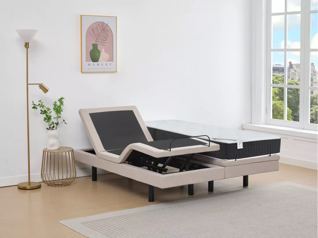 Lit électrique de relaxation déco + matelas ressorts ensachés et mémoire de forme - 2 x 90 x 200 cm - Tissu - Beige - RIZALI de YSMÉE
