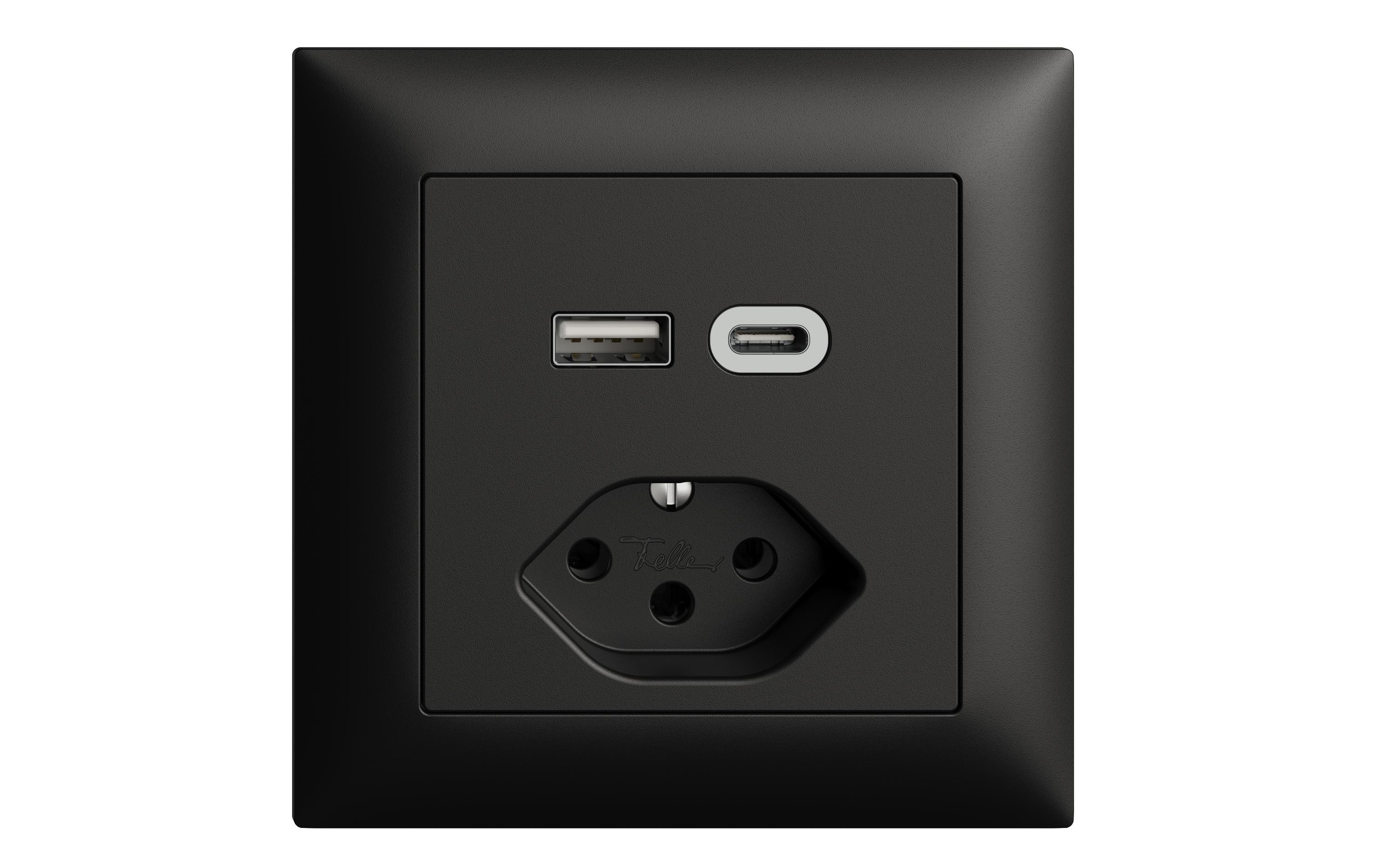Steckdose 1x USB A, 1x USB C 3 A, 15 W, Schwarz<br>EDIZIOdue colore USB A+C/T13 Kombination 3.0A