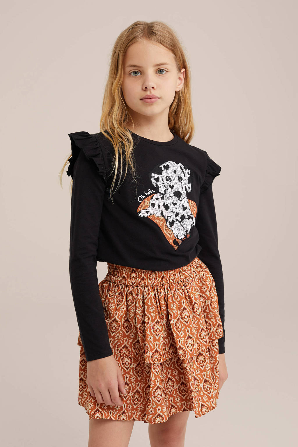 WE Fashion longsleeve met printopdruk en ruches zwart