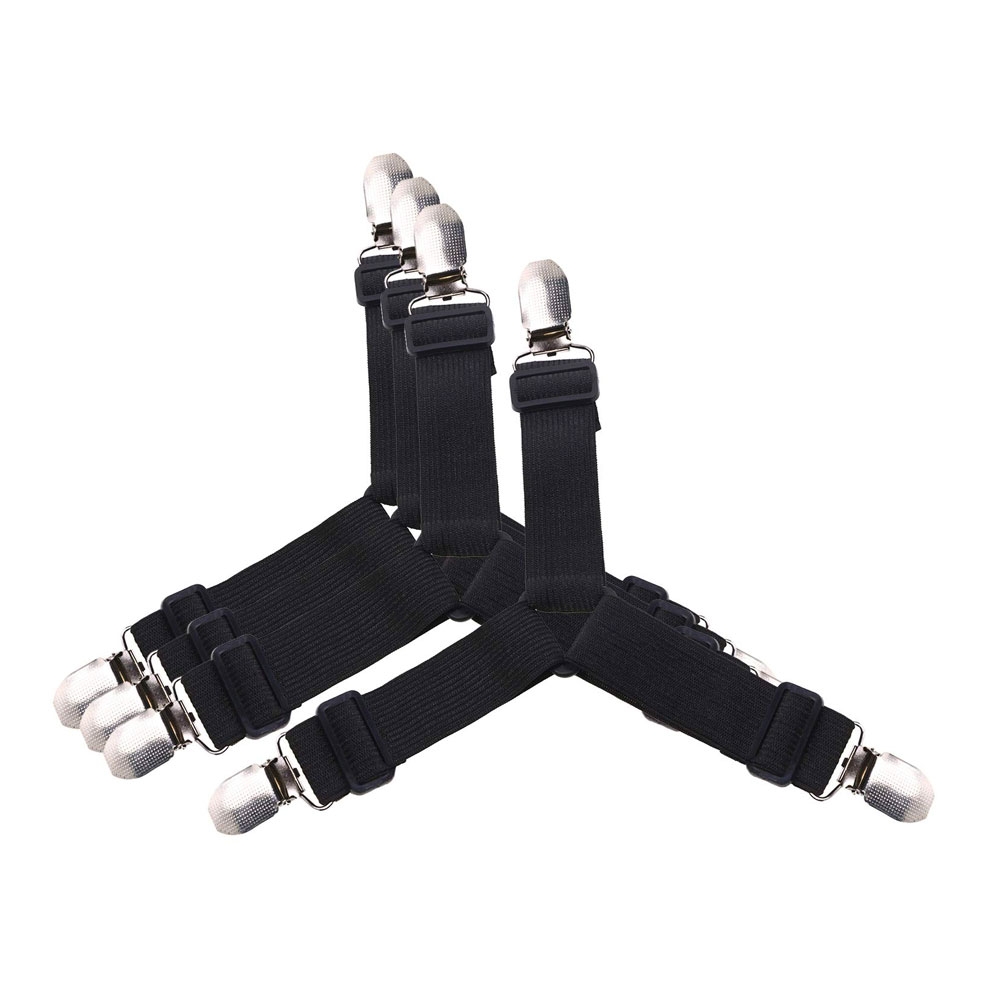 (4er Set) Elastischer Spannbettlaken Greifer 3-Fach Metall-Clip Halterung (Grössenverstellbar) - Schwarz
