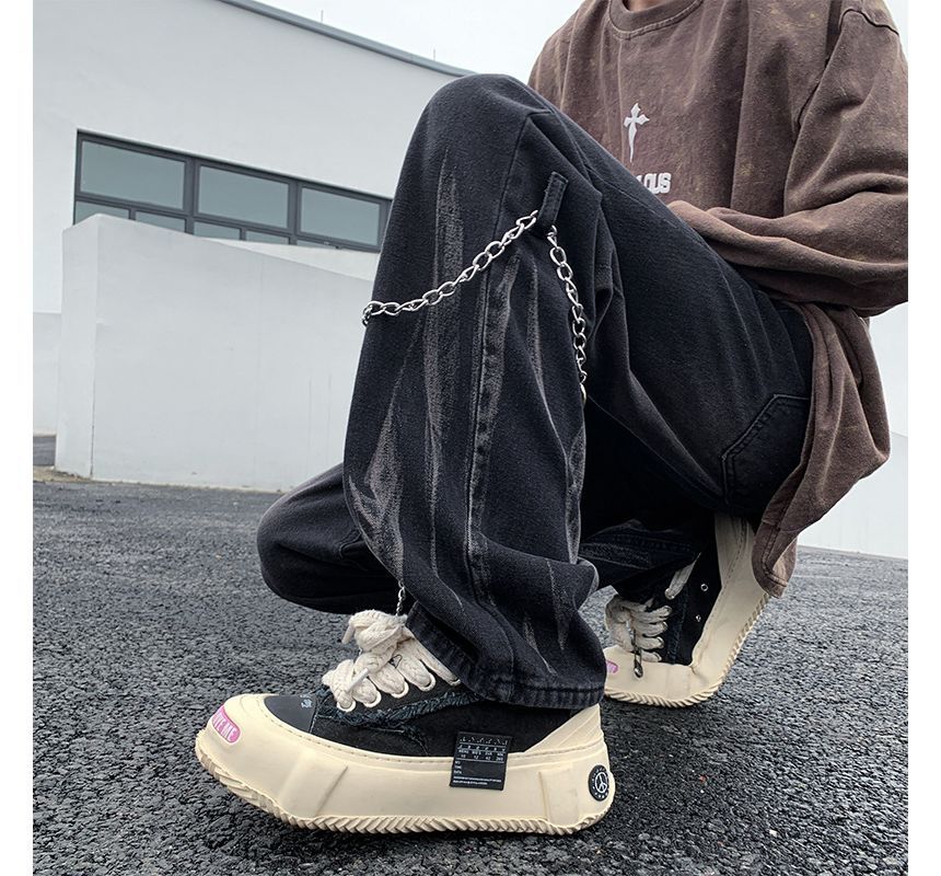 Hushgrain - Mid Rise Washed Chain Straight Leg Jeans