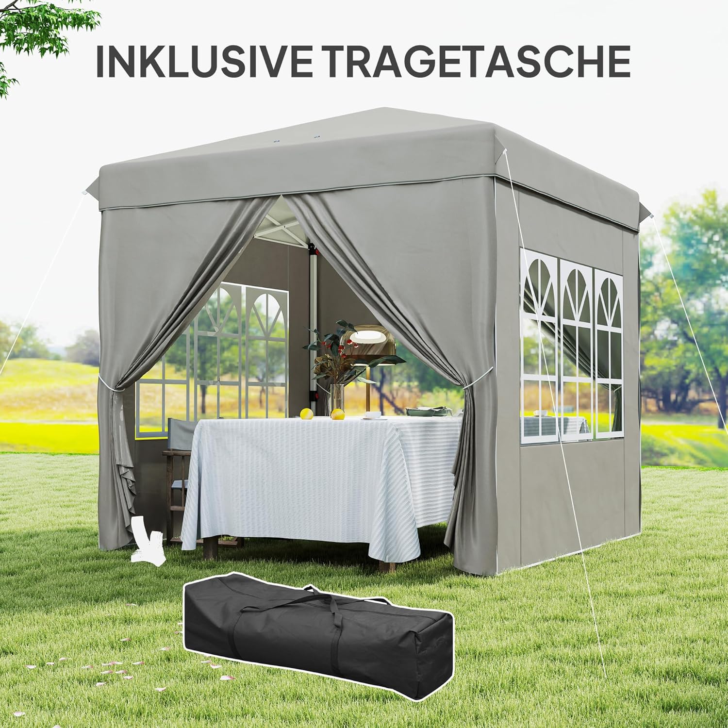 Outsunny Pavillon 2,5x2,5m, wasserabweisend Stabil Winterfest Pop-up Faltpavillon, UV Schutz 50+, Faltbar Partyzelt Gartenzelt mit 4 Seitenteilen Tasche Gartenpavillon für Camping Garten, Hellgrau