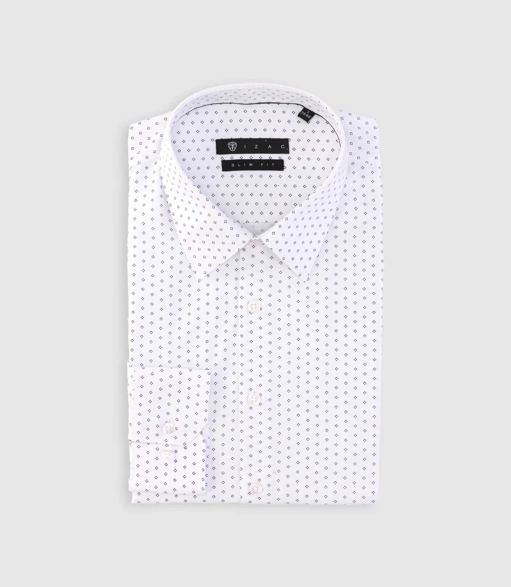 Chemise imprimée micro motifs blanche et marine PAOLINO