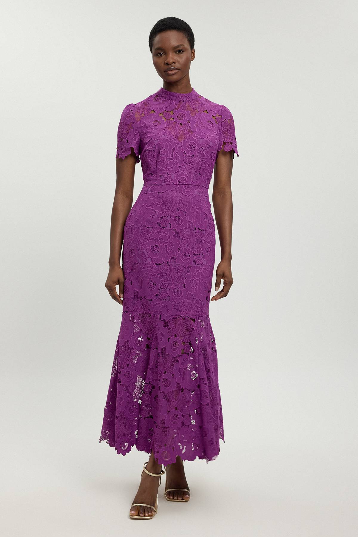 KarenMillen Guipure Lace High Neck Woven Midi Dress