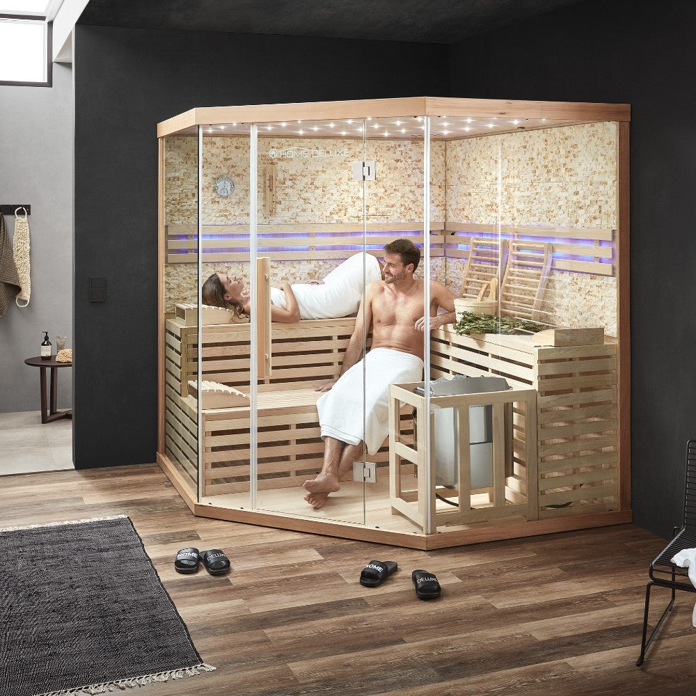 Home Deluxe - Traditionele Sauna - Skyline XL Grote Kunststeenwand - 200 x 200 x 210 cm, voor 2-6 personen, Hemlock, incl. sauna-accessoires | Stoomsauna, Infusiesauna, Finse sauna, Biosauna
