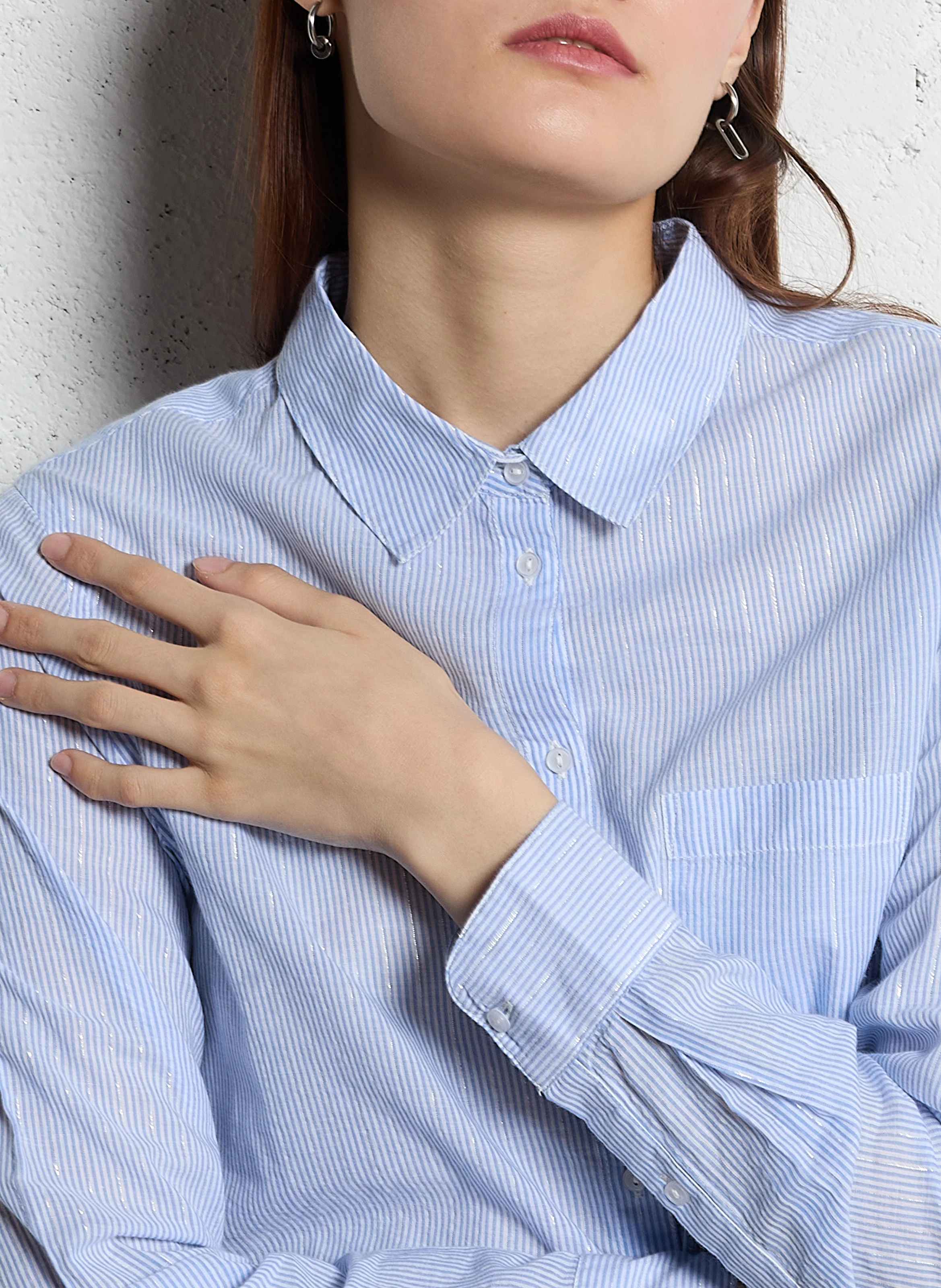 CATIMA - Chemise droite col classique rayée en coton mélangé | Bleu