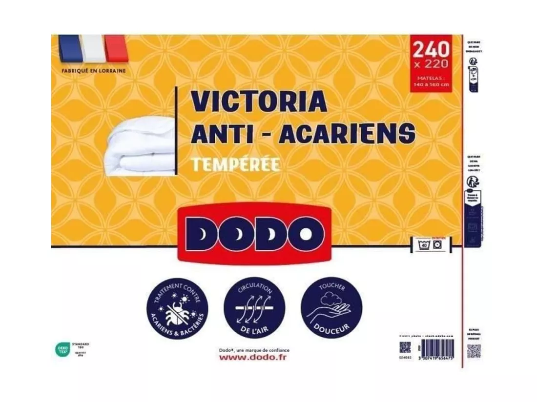 Couette tempérée anti-acariens VICTORIA 220 x 240 cm blanc