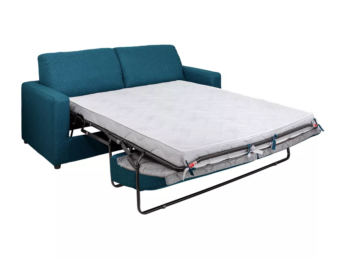 Canapé 3 places convertible express en tissu bleu - Couchage 140 cm - Matelas 14 cm DONETO