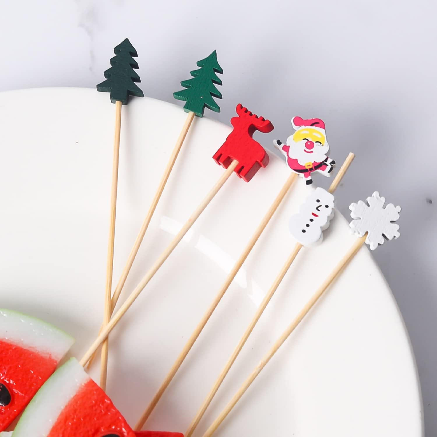 (100er Set) Cocktail Sticks Fingerfood Party Spiesse Deko Zahnstocher für Weihnachten / Winter - Weihnachtsmann / Schneeflocke