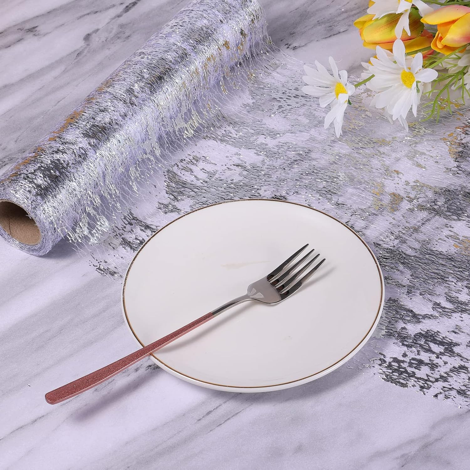 (5mx29cm) Metallic Tischläufer Glänzendes Party Deko Tischtuch Zuschneidbare Tischsets - Silber