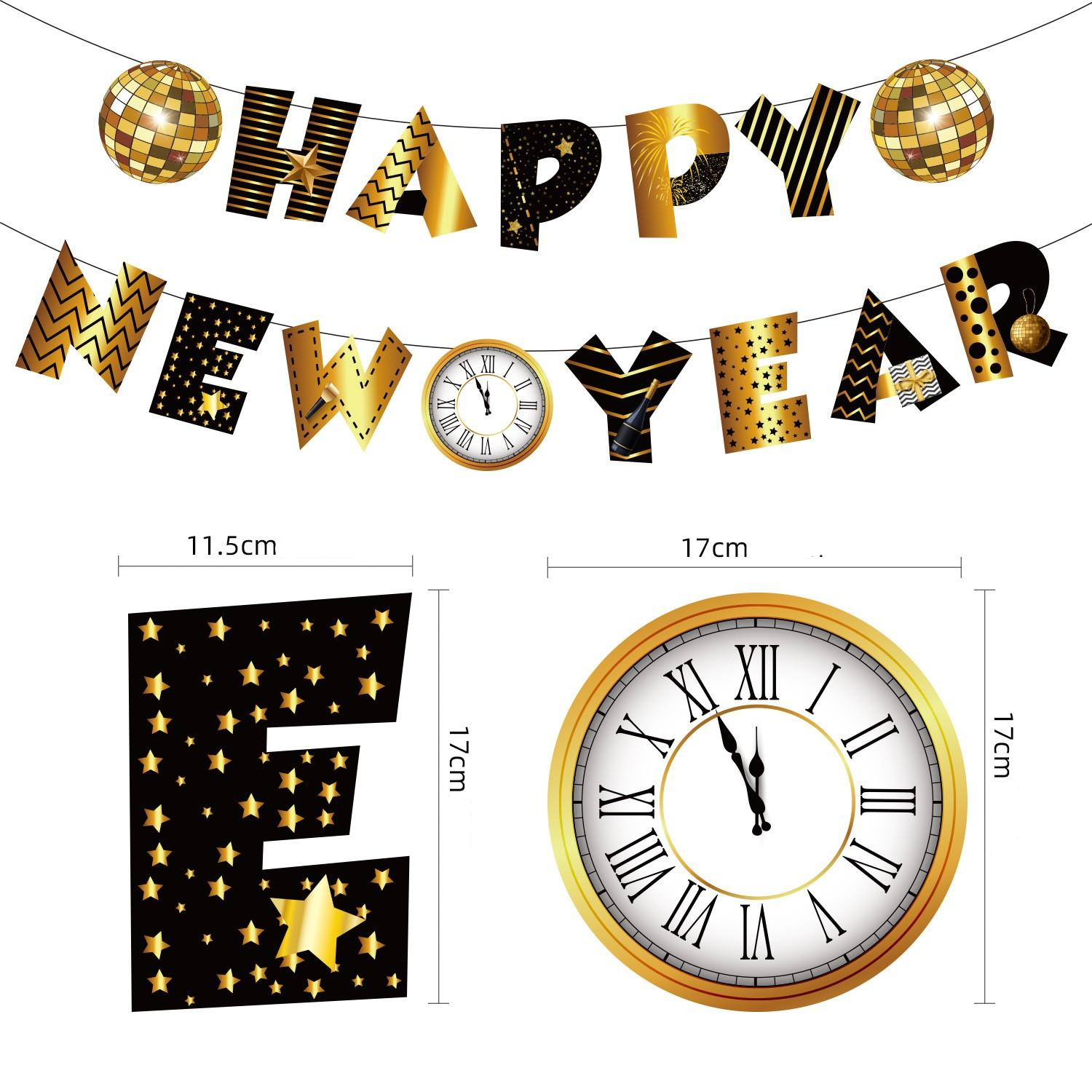 (5m) Happy New Year Girlande Silvester Party Deko Accessoire Banner Discokugel - Schwarz / Gold