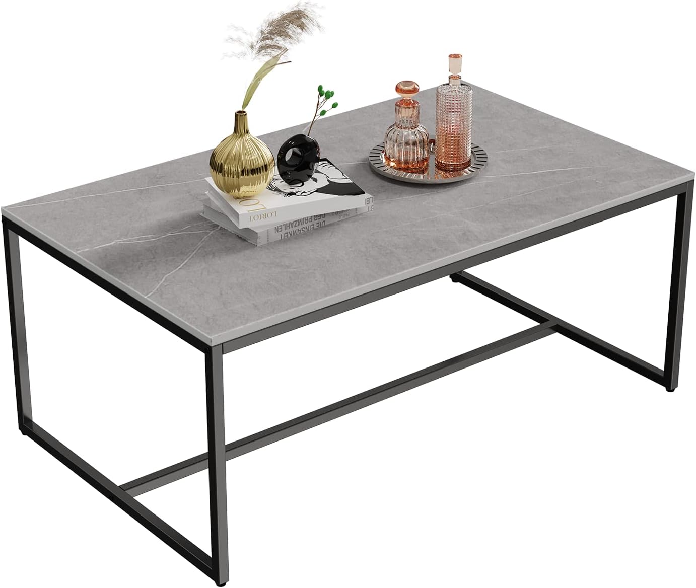 FATIVO Couchtisch Modern Grau Metallgestell: Marmor Rechteckiger Skandinavisch Kaffeetisch Wohnzimmertisch - Beistelltisch für Wohnzimmer 100x60x42cm