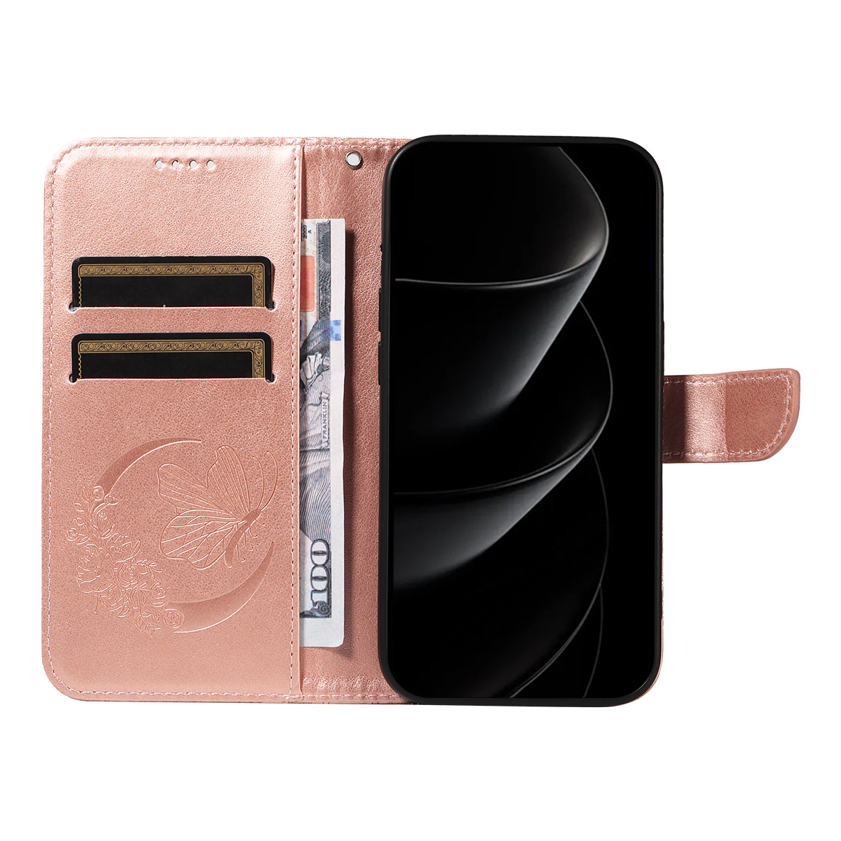 iPhone 17 Pro Max Leder Tasche Flip Cover Schmetterlinge Imprint - Roségold