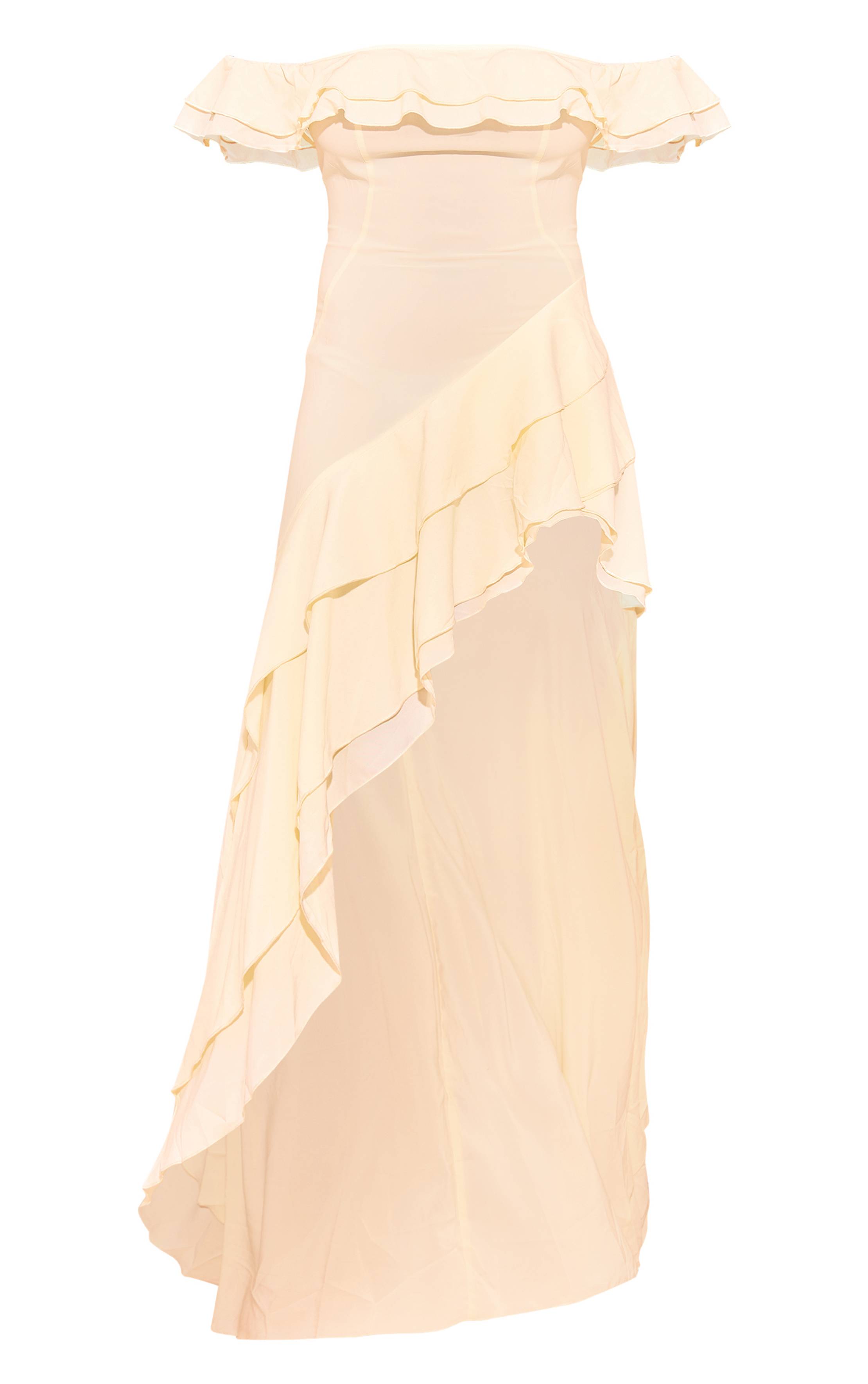 Pale Yellow Robe Midi Bardot À Détail Volants