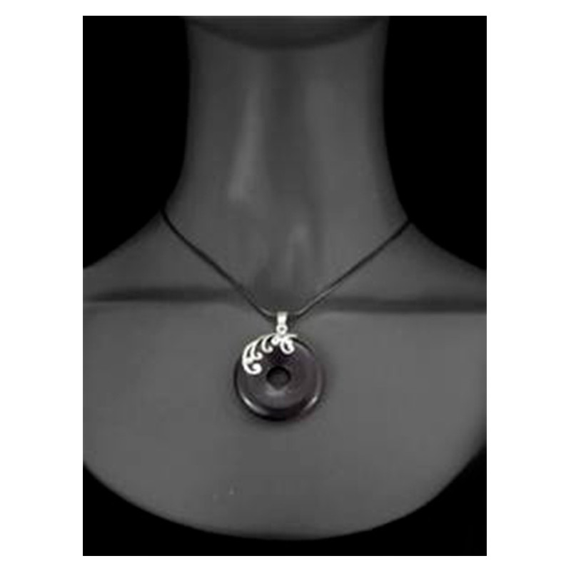Pendentif Rond Femme en Gemstone Grès Noir et Argent 925