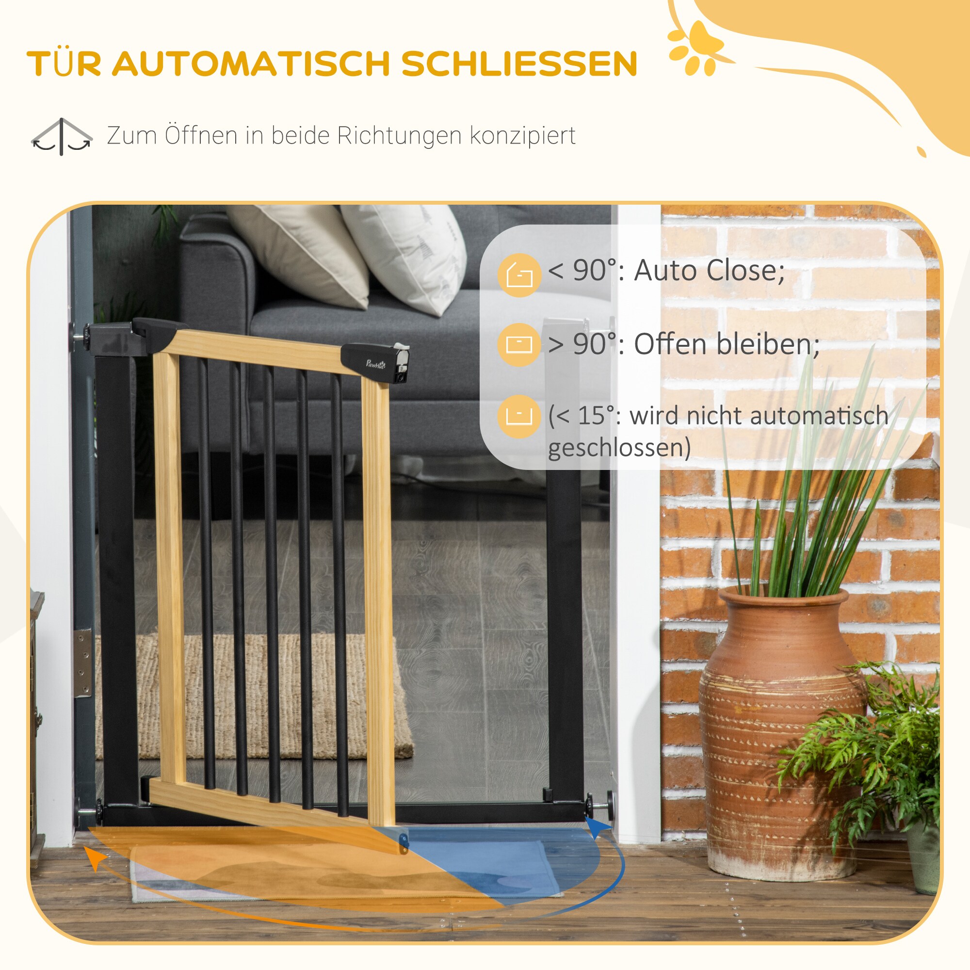 PawHut Türschutzgitter mit automatisch schließender Tür schwarz, natur 82L x 2B x 74H cm