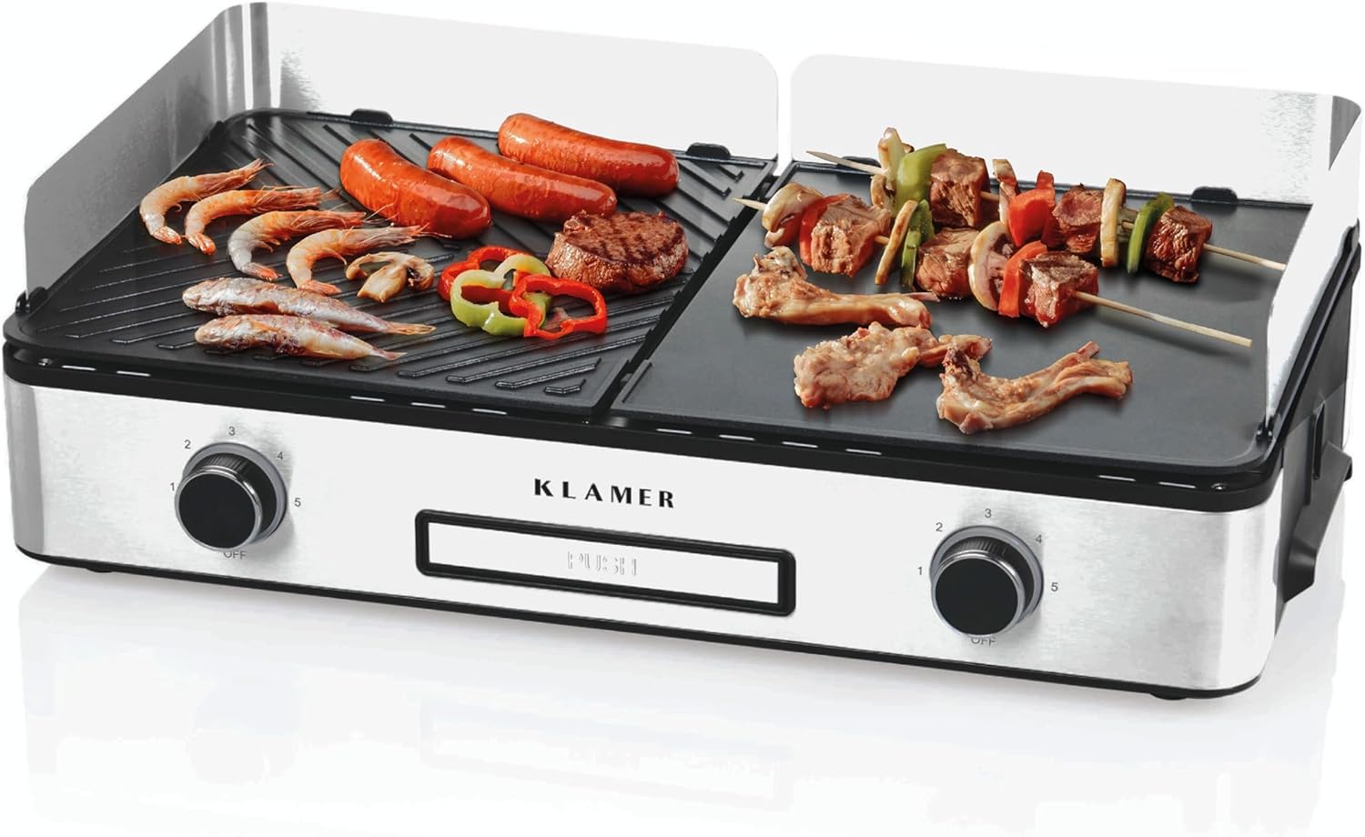 KLAMER Elektrogrill, antihaftbeschichtete und abnehmbare Duo-Platten, separate Temperatureinstellung, 5 Grillstufen, mit Wind-/ Spritzschutz & Auffangschale
