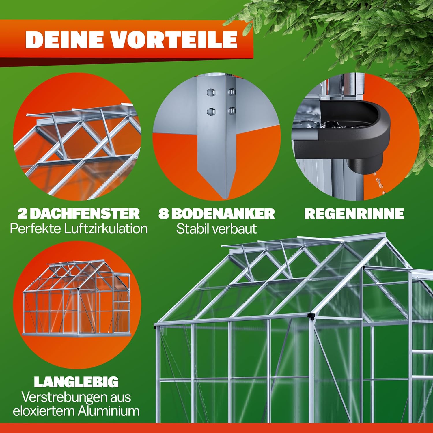 GARDEBRUK® Gewächshaus Aluminium 4,8m² mit Fundament 250x190cm inkl. 2 Dachfenster Tomatenhaus Treibhaus Anzuchthaus Garten Frühbeet Aufzucht 7,7m³